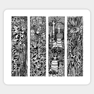 Forest Life Theme of Four Illustrative panels is a Composition of trees, leaves, vines, tribal people Sticker